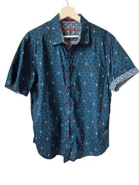 Robert Graham Mens Blue Patterned Short-Sleeve Button-Up Shirt With Skull Accent